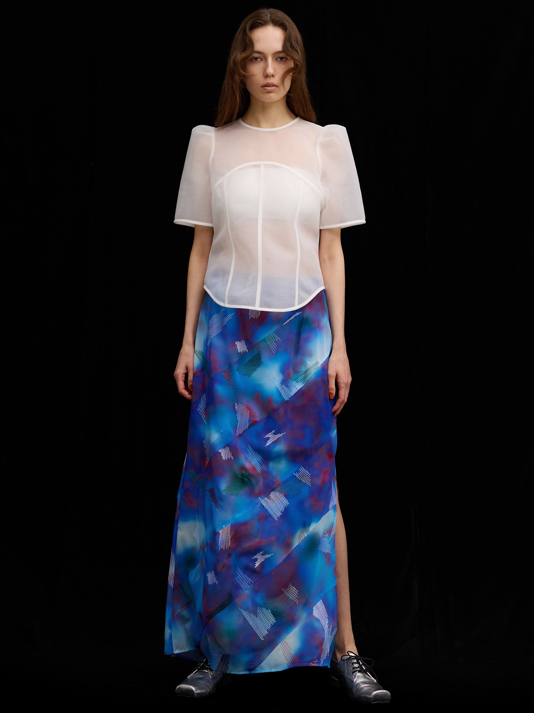 SHEER CARDBOARD PUFF SHOULDER TOP