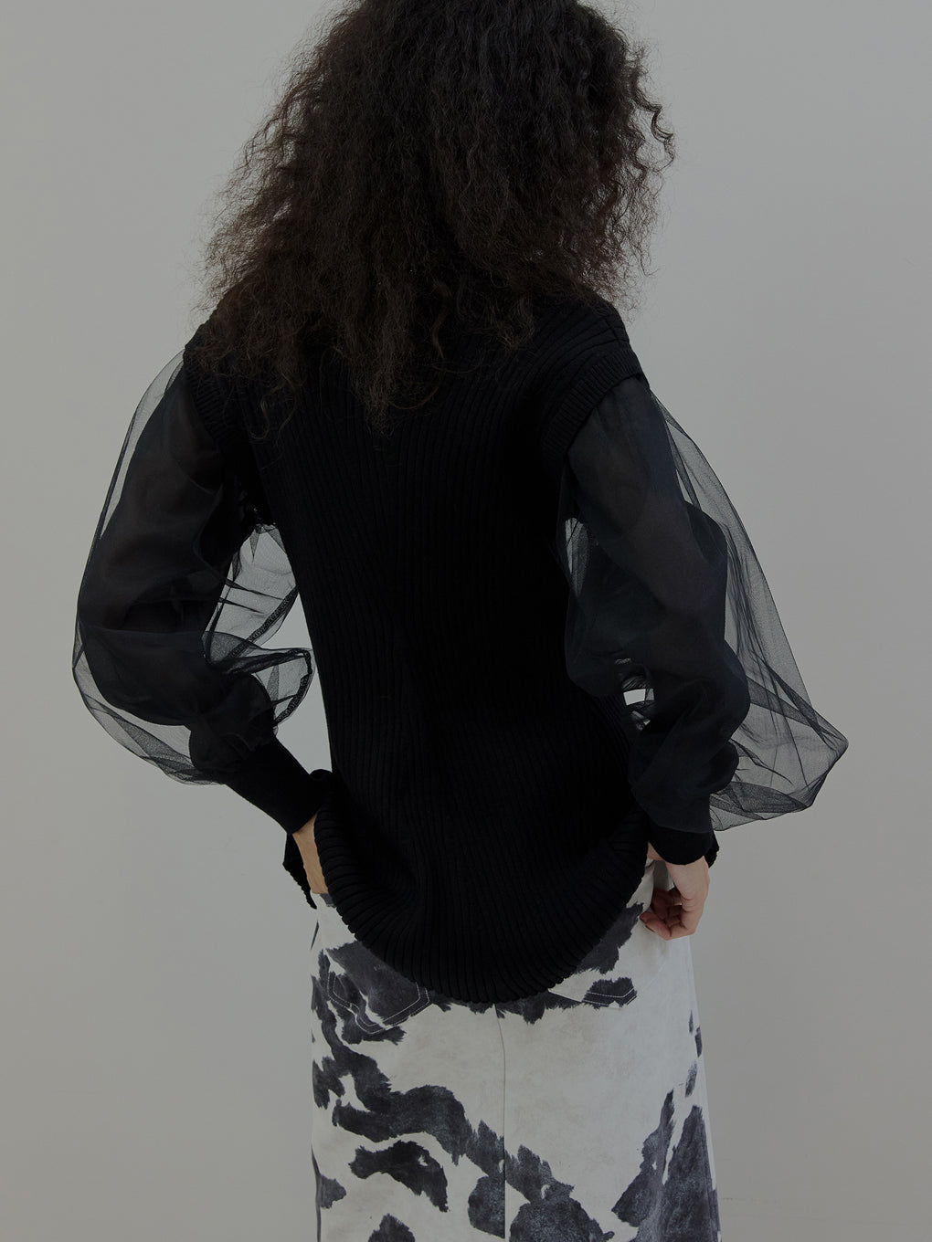 SHEER SLEEVE WAVE KNIT CARDIGAN