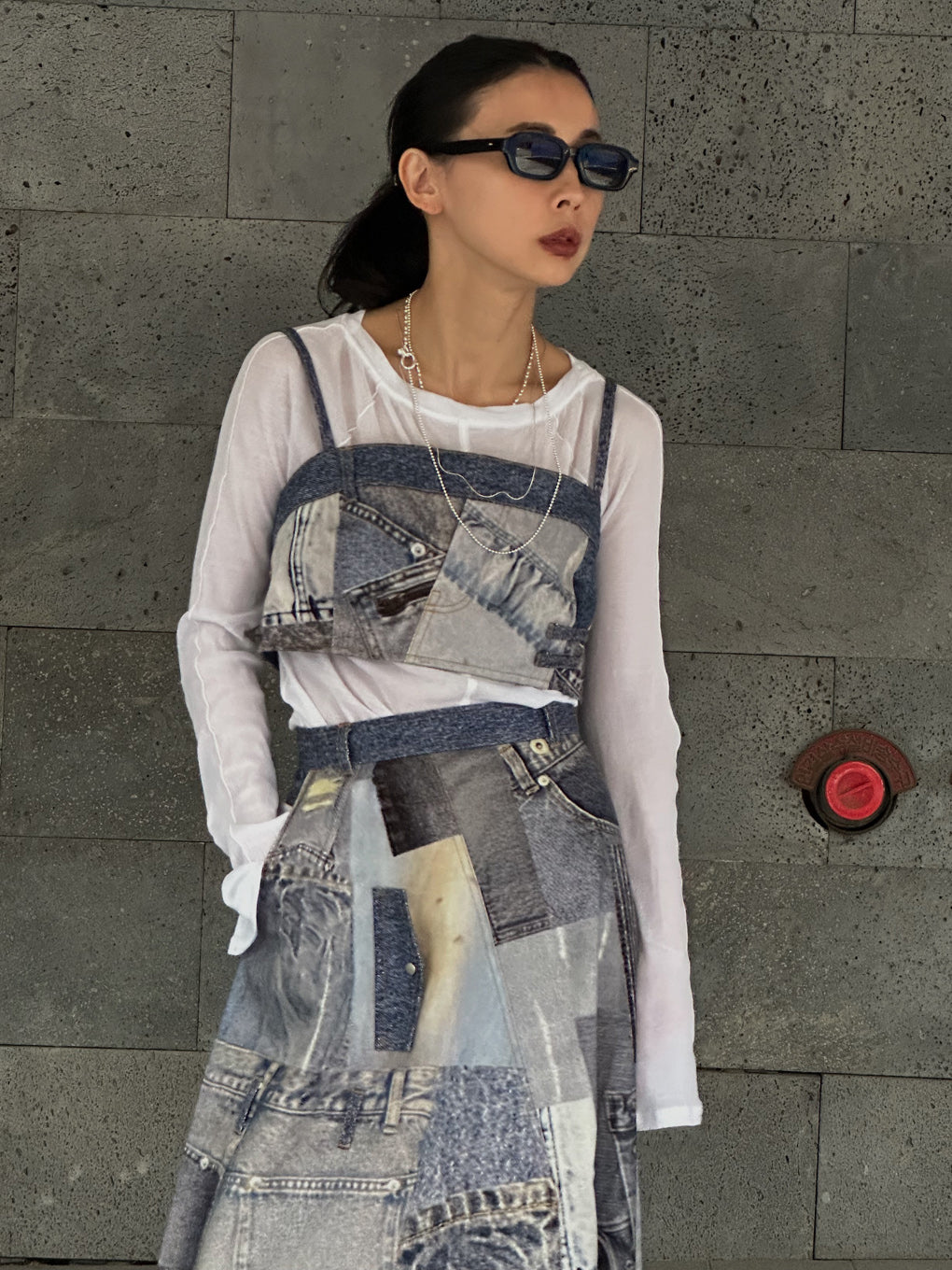 DENIM PATCHWORK PRINT BUSTIER