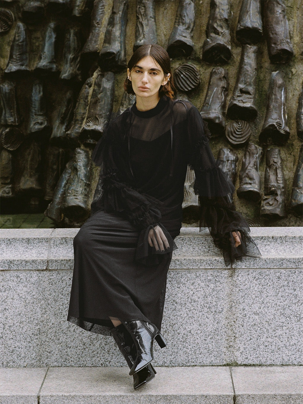 BLACK TULLE PENCIL LINE DRESS