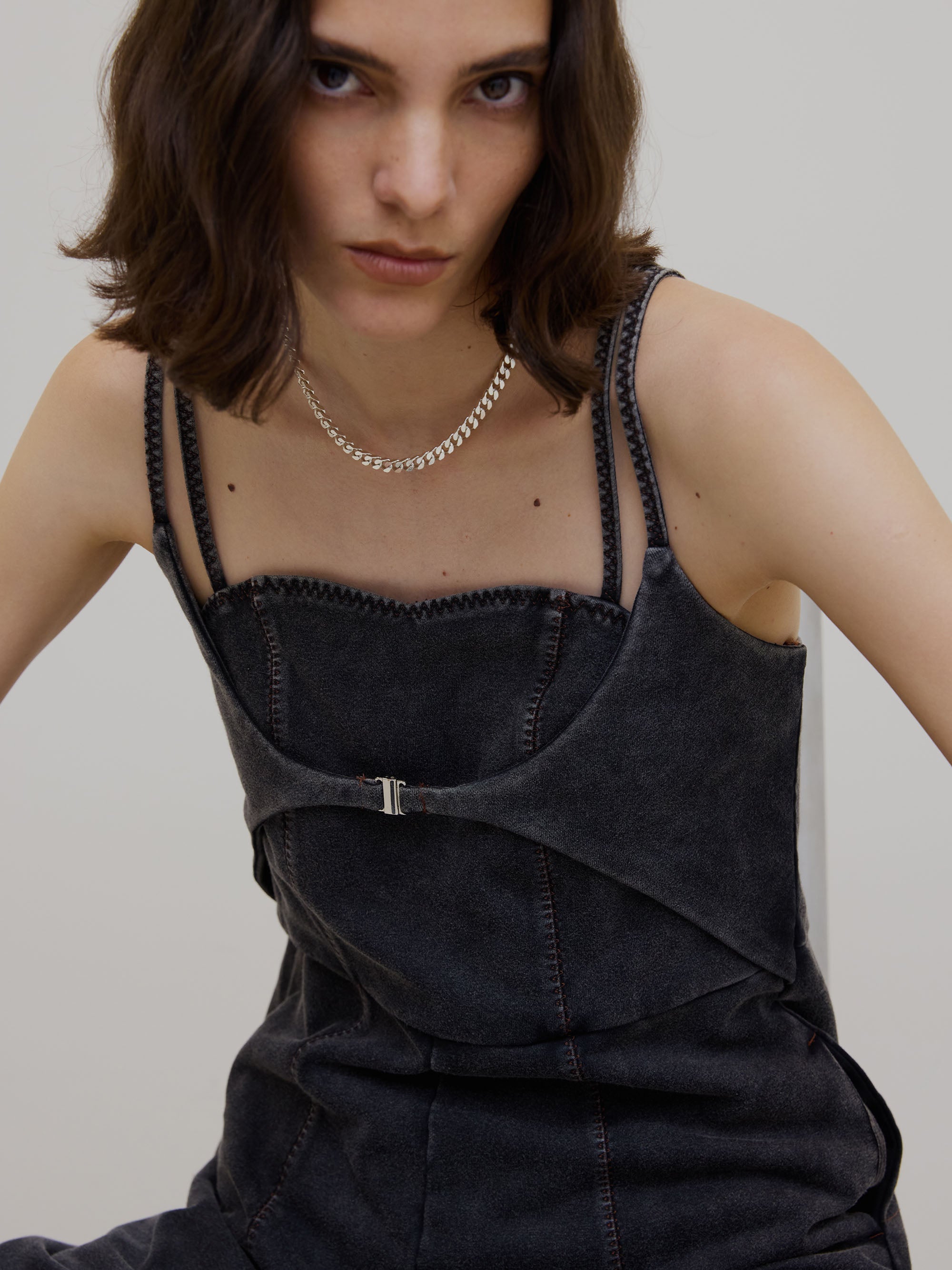 DENIM LIKE VOLUME CAMI ROMPERS