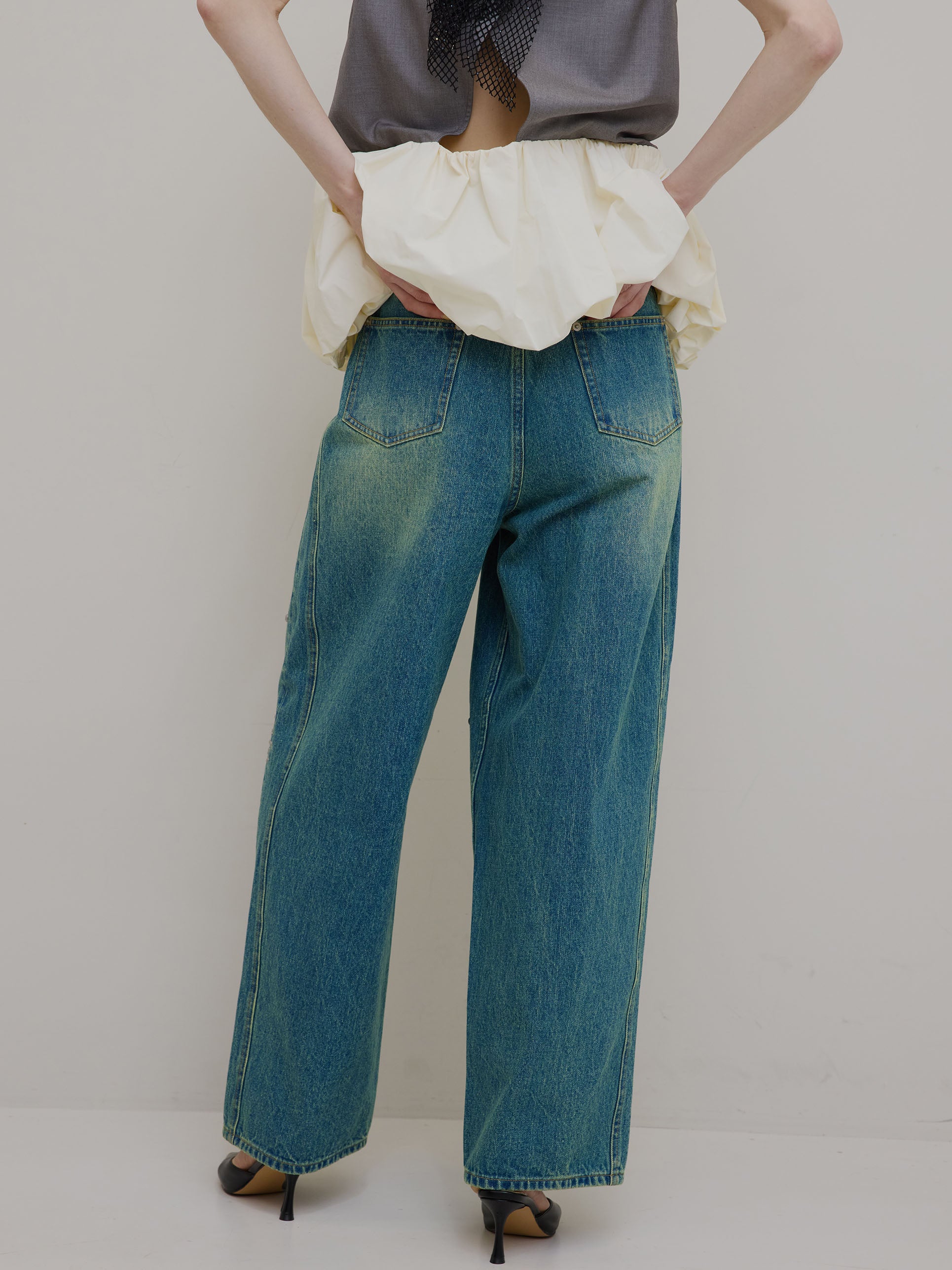 STUDS DETAIL STRAIGHT DENIM PANTS