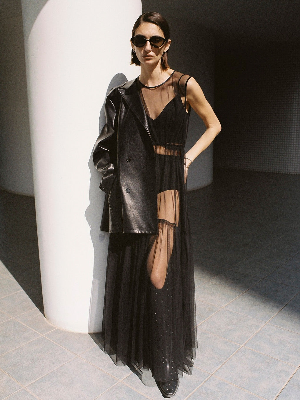 BLACK TULLE WAVE TIERED DRESS