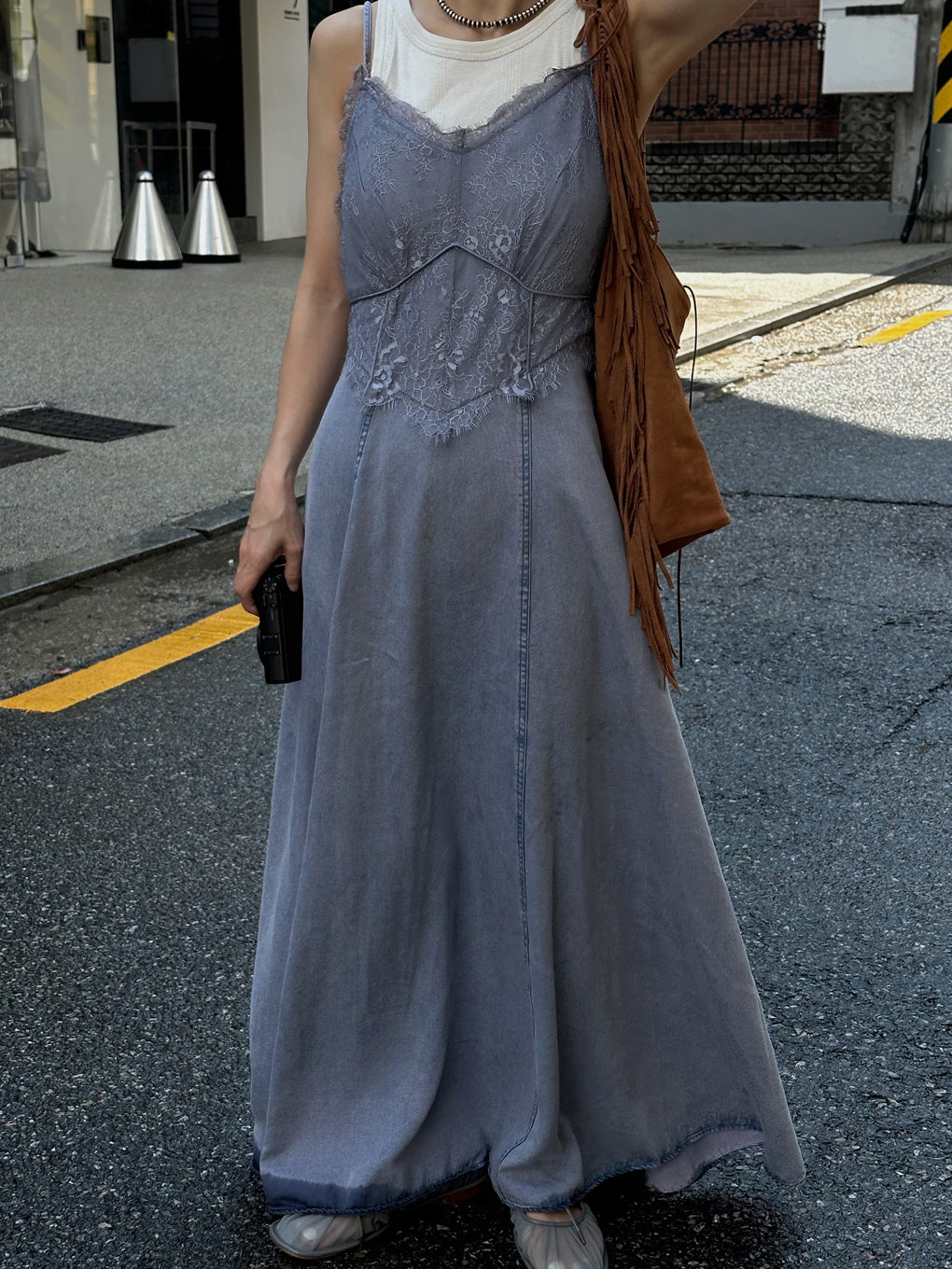 LACE DOCKING TENCEL DENIM FLARE DRESS