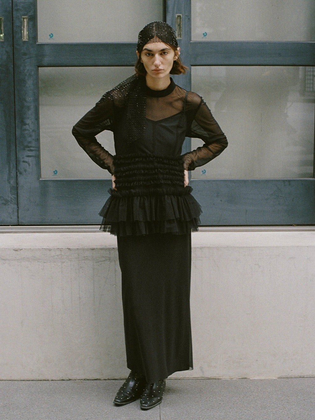 BLACK TULLE PENCIL LINE DRESS