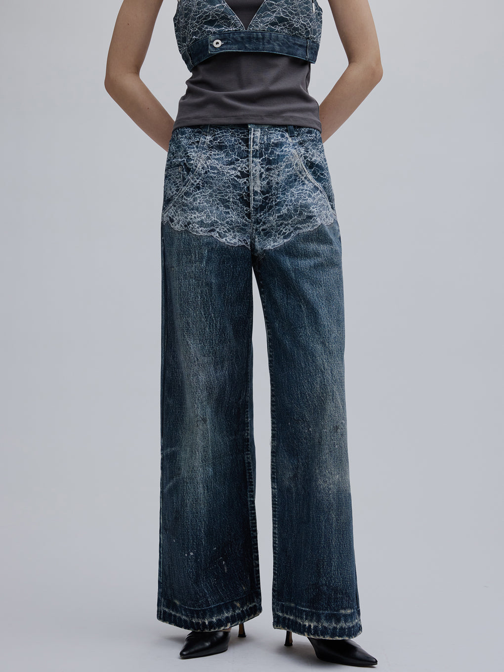 FAKE DENIM DOUBLE WAIST PANTS