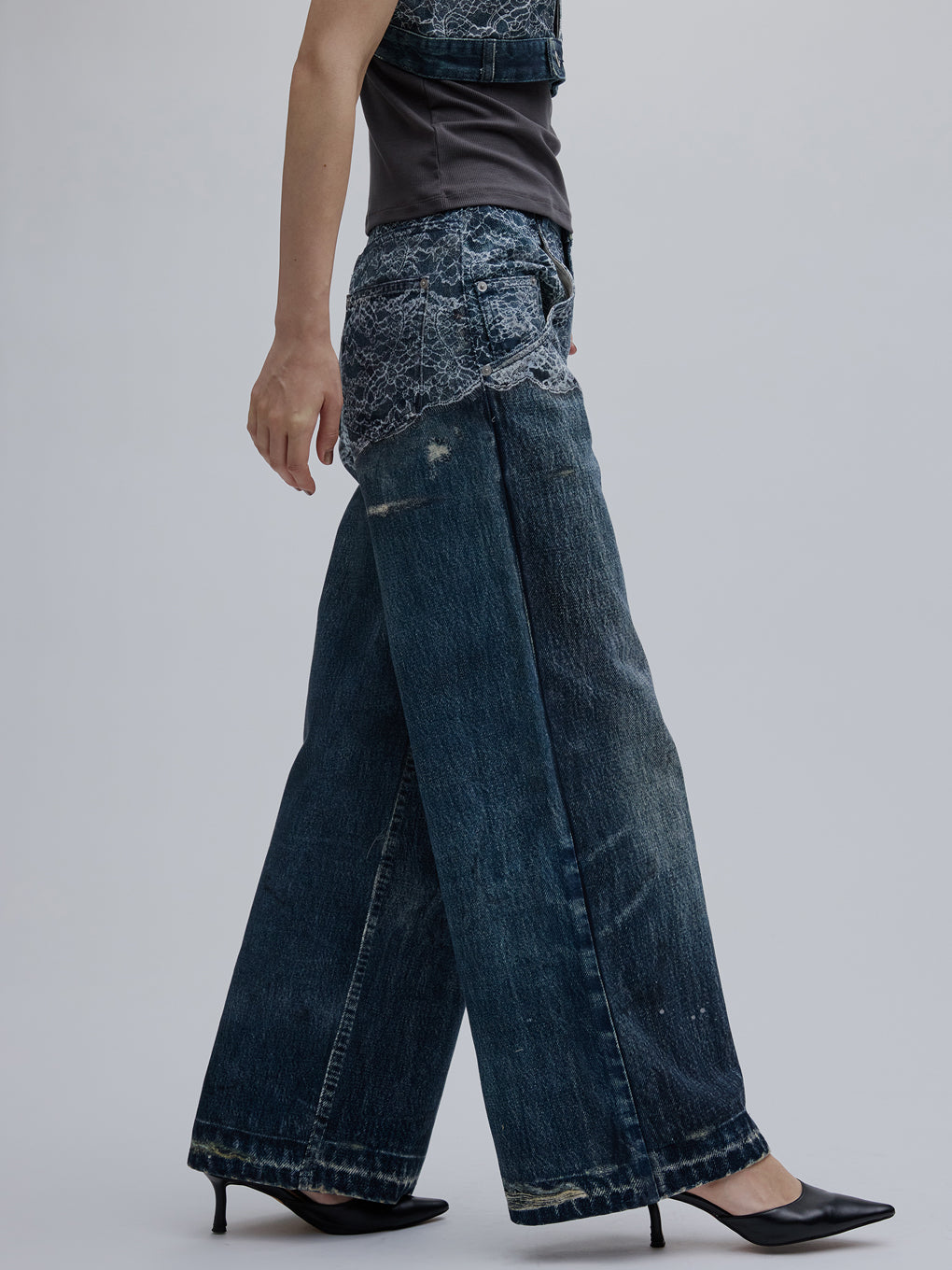 FAKE DENIM DOUBLE WAIST PANTS