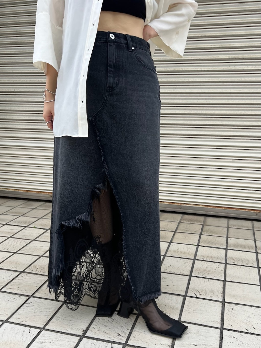 REMAKE LIKE DENIM LACE LAYERED SKIRT