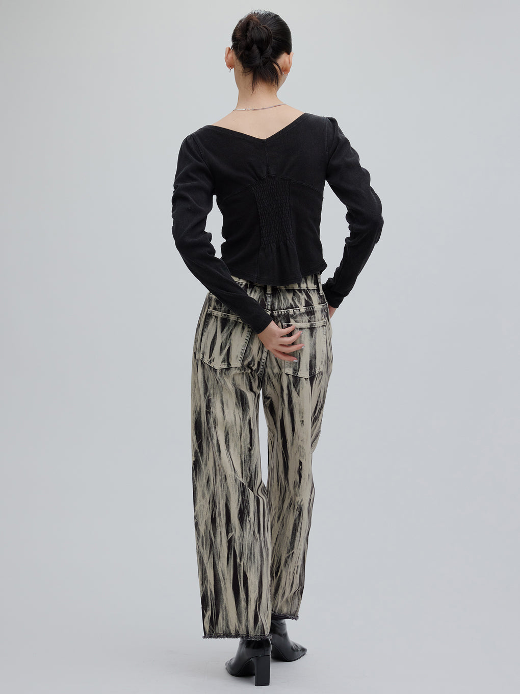 DENIM LIKE BALLOON SLEEVE CUT TOP