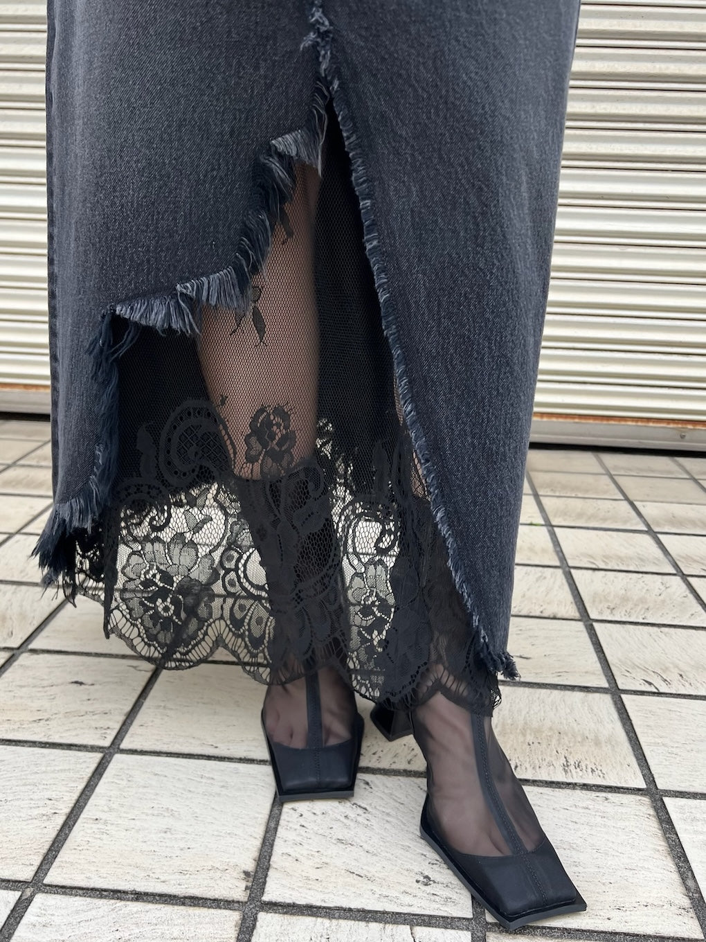 REMAKE LIKE DENIM LACE LAYERED SKIRT