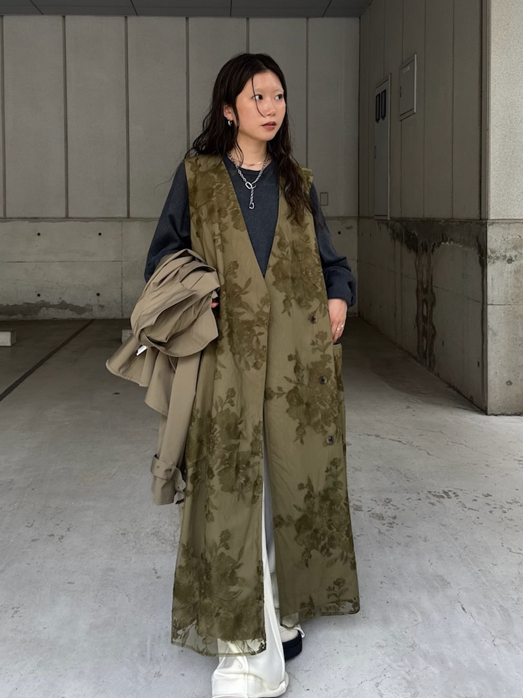 3WAY TULLE EMBROIDERY DOCKING TRENCH COAT
