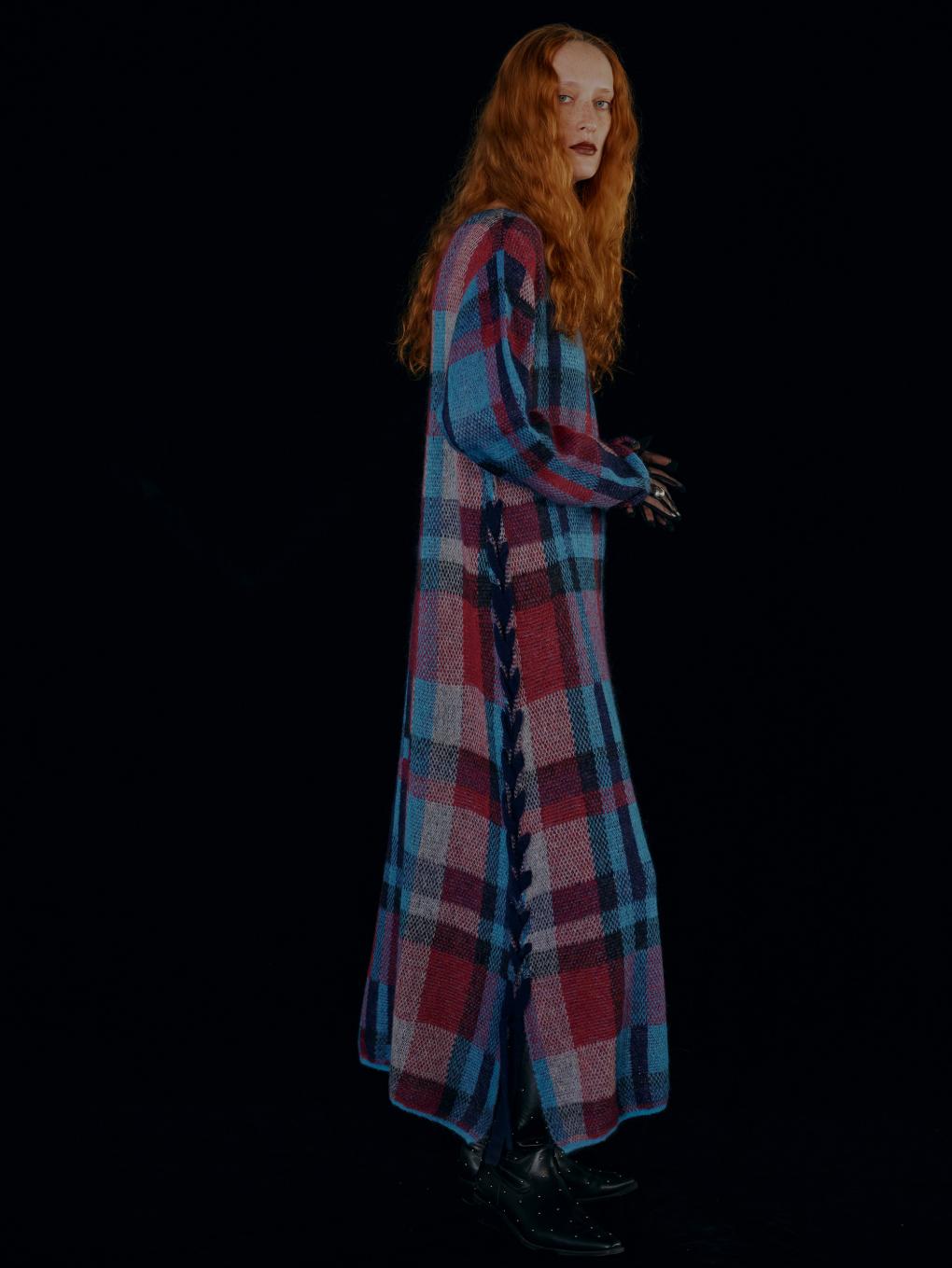 BIG CHECK LACE UP KNIT DRESS 