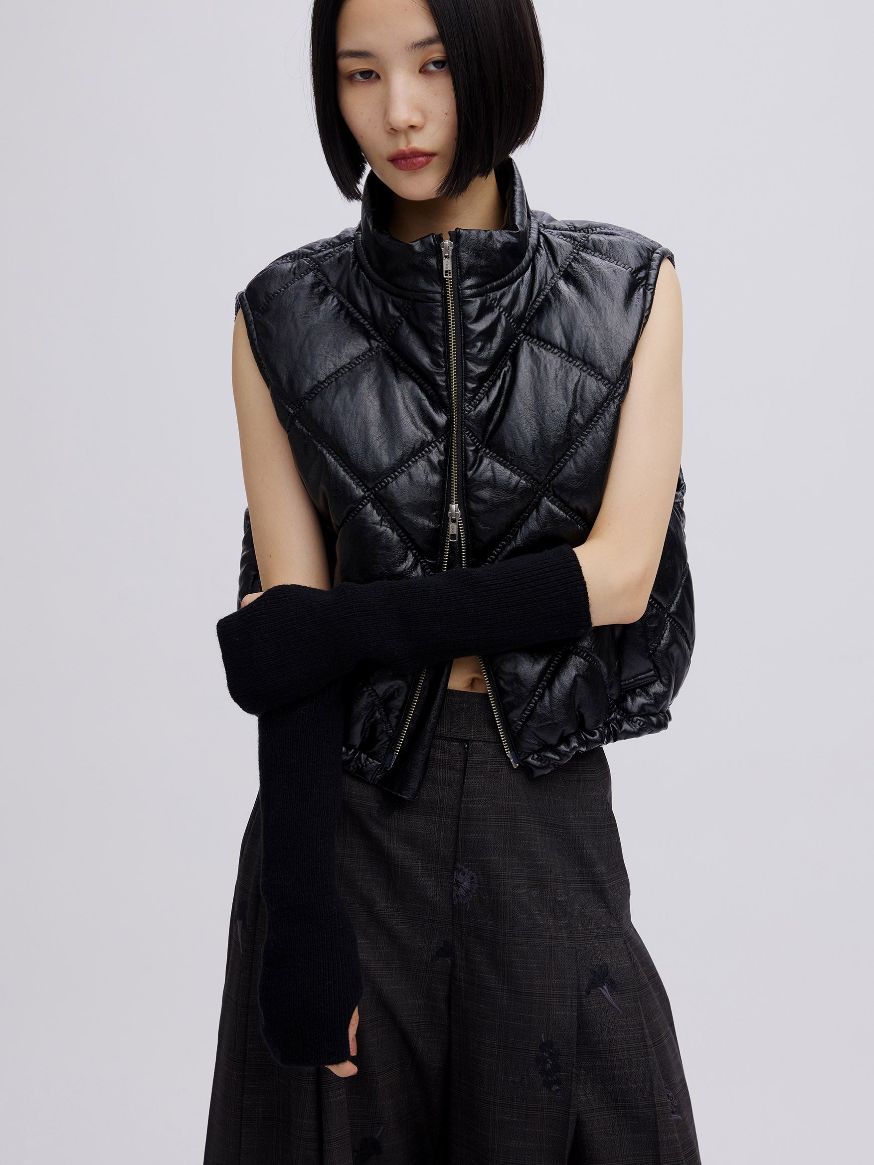 SYNTHETIC LEATHER QUILTING MINI VEST
