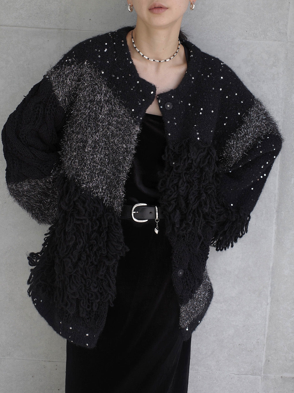 UND MIX YARN PATCHWORK KNIT CARDIGAN