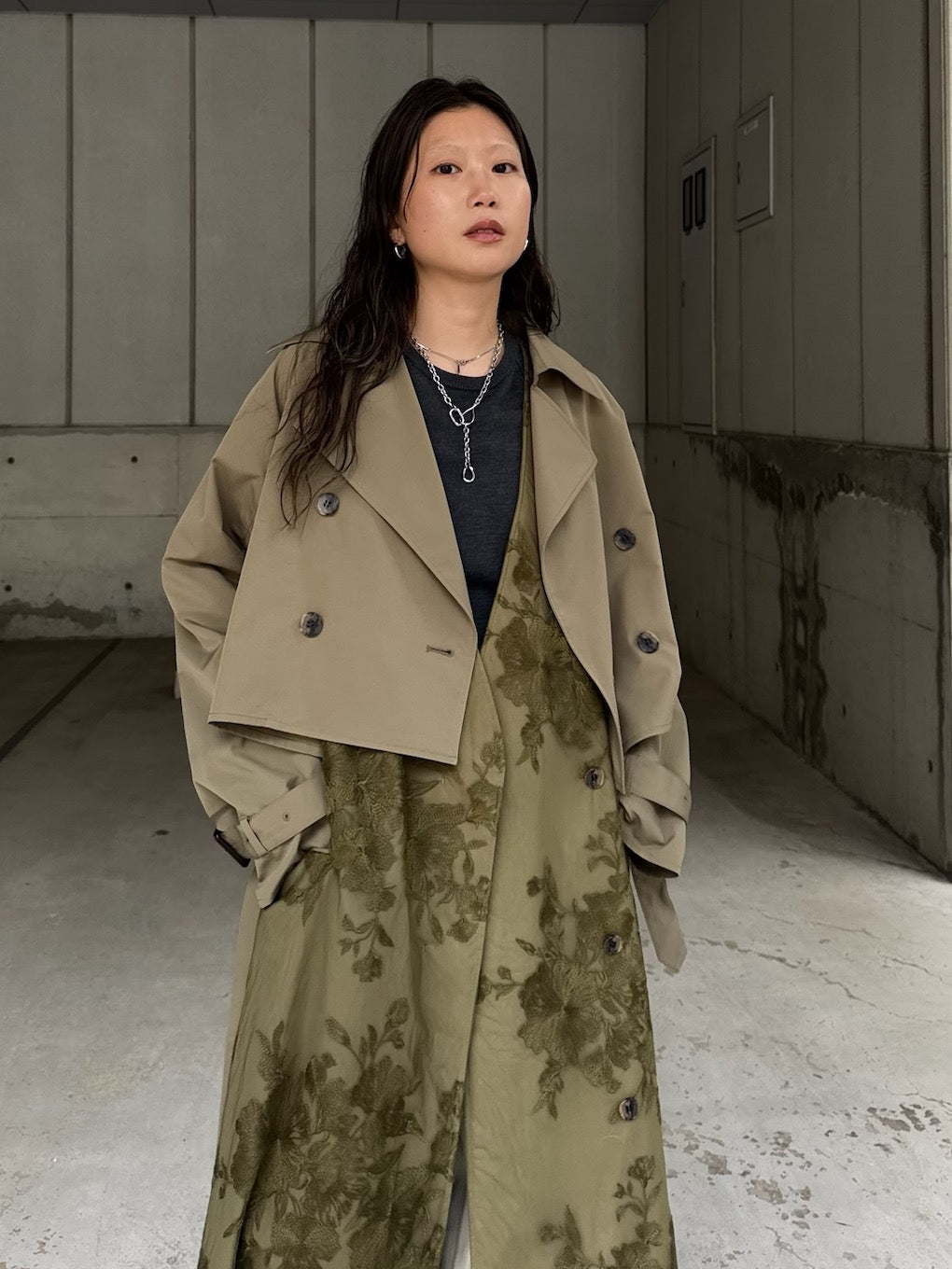 3WAY TULLE EMBROIDERY DOCKING TRENCH COAT