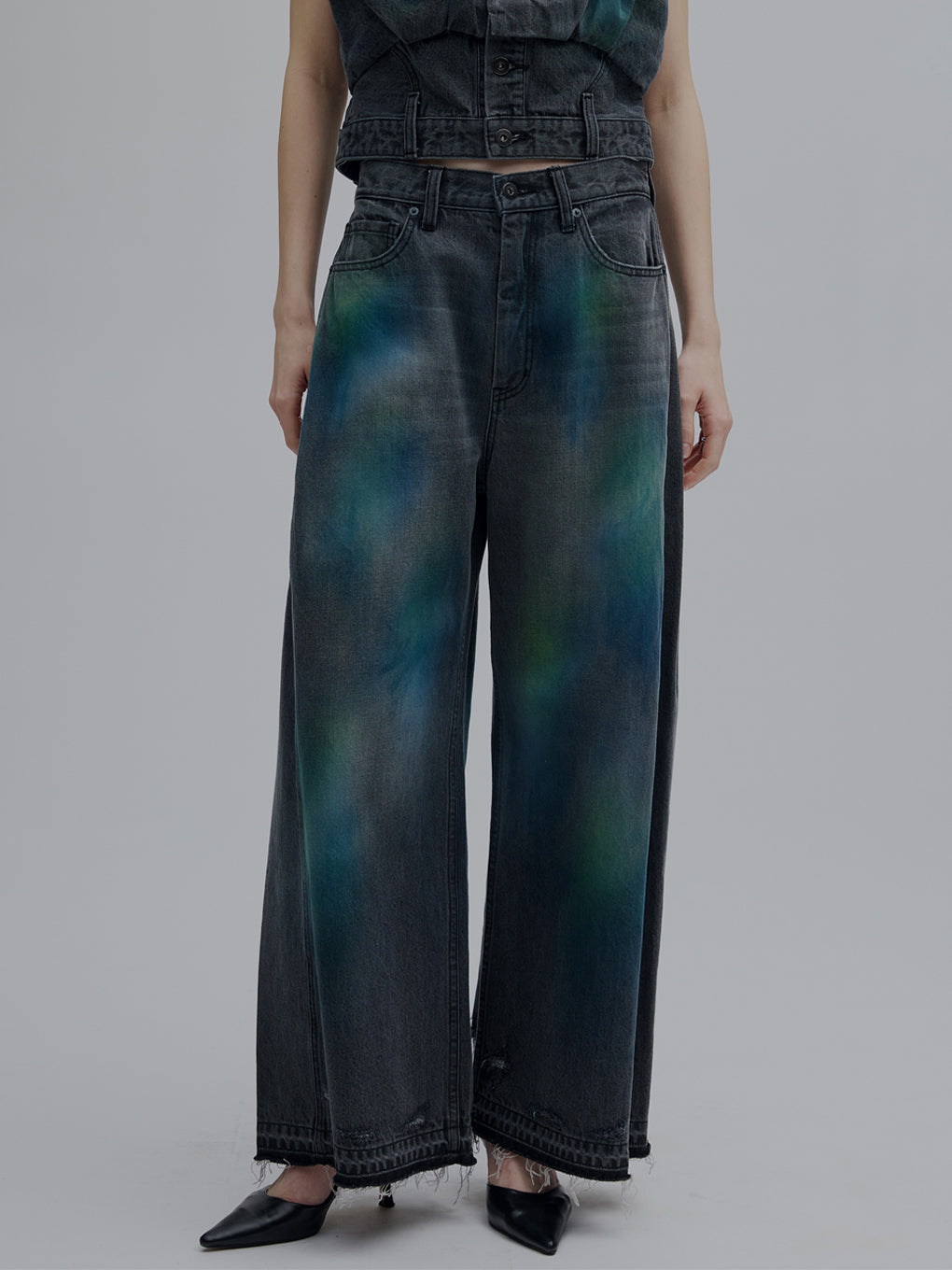 WIDE SIDE TUCK PAINT DENIM PANTS