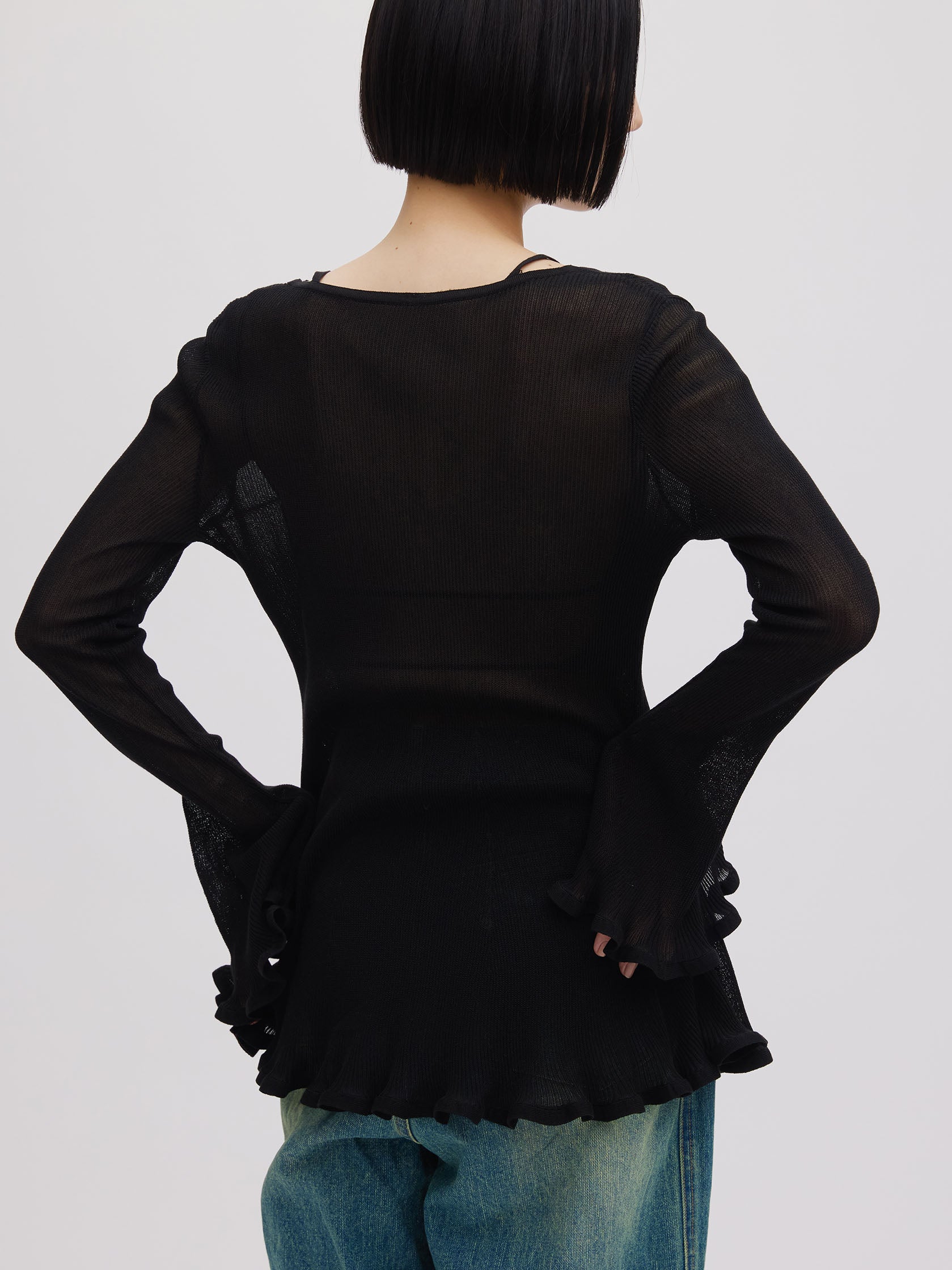 SHEER FRILL V NECK KNIT TOP