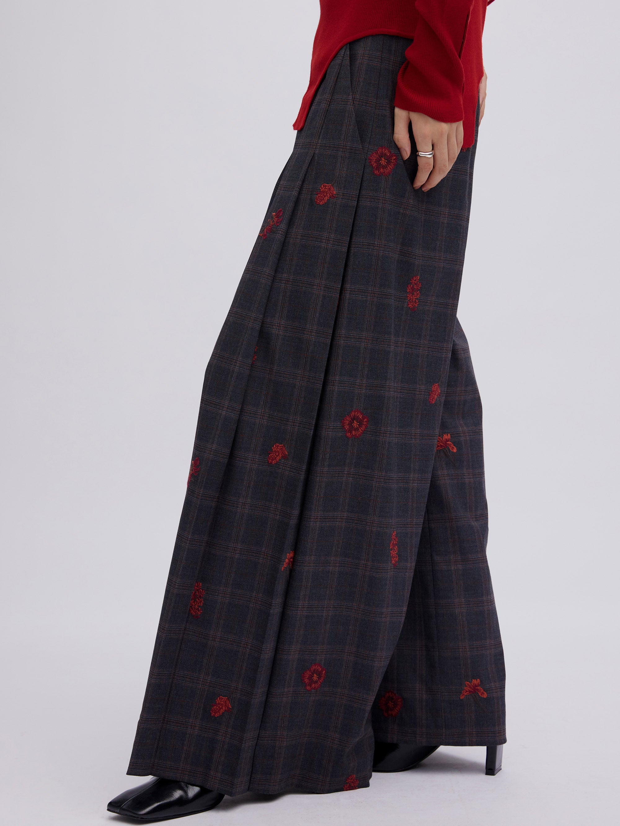 CHECK FLOWER PLEATS PANTS