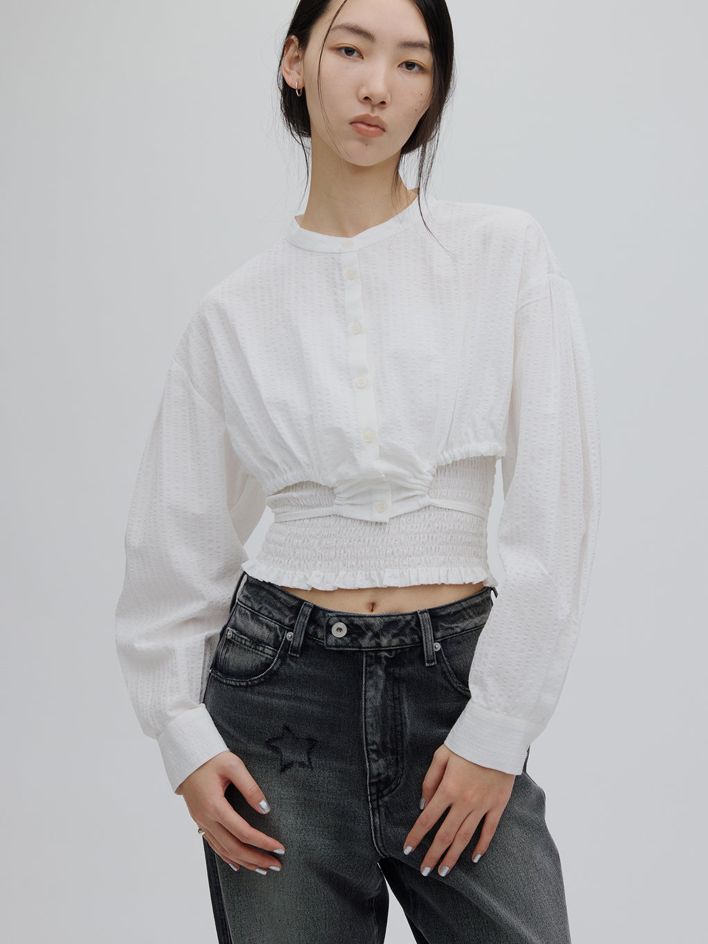 SHIRRING LAYERED SHORT SHIRT