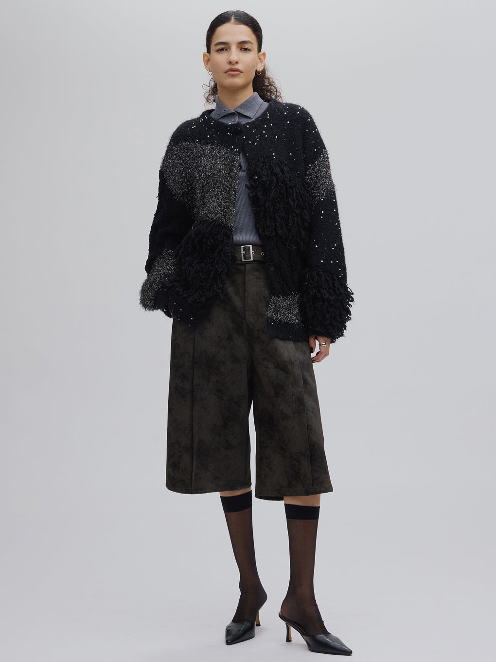 UND MIX YARN PATCHWORK KNIT CARDIGAN