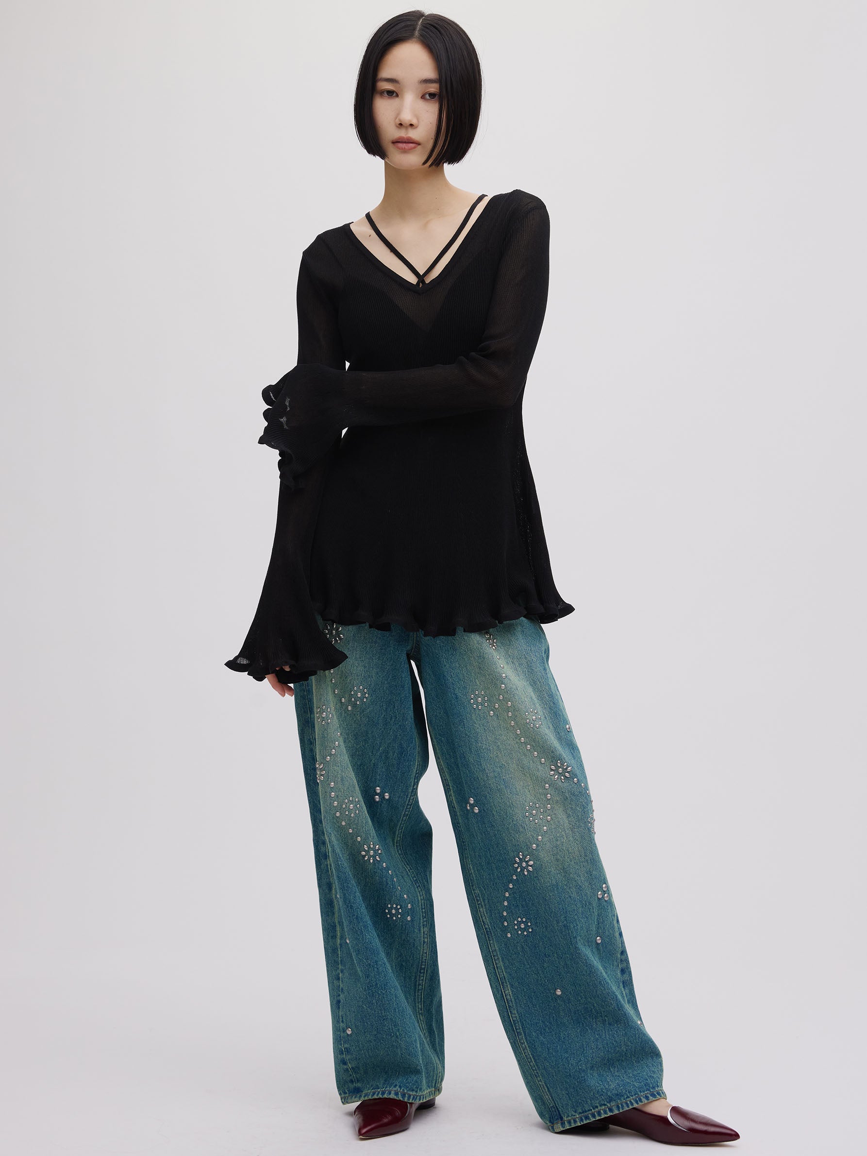 SHEER FRILL V NECK KNIT TOP