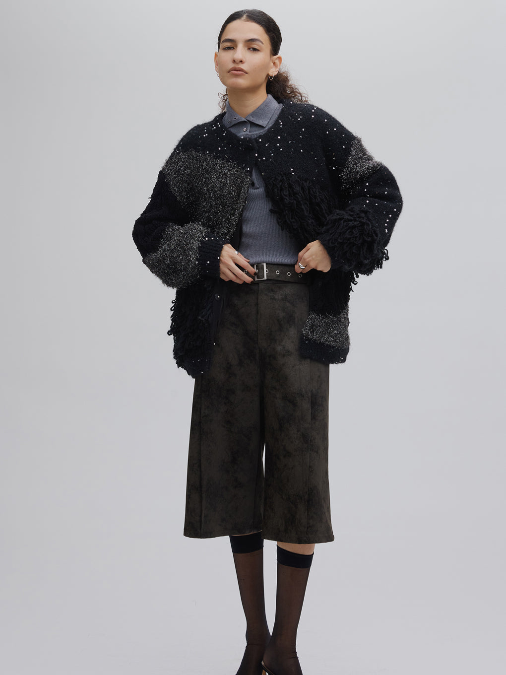 UND MIX YARN PATCHWORK KNIT CARDIGAN