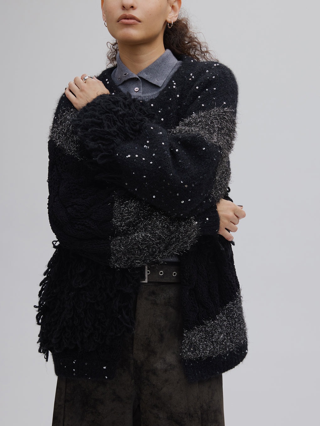 UND MIX YARN PATCHWORK KNIT CARDIGAN