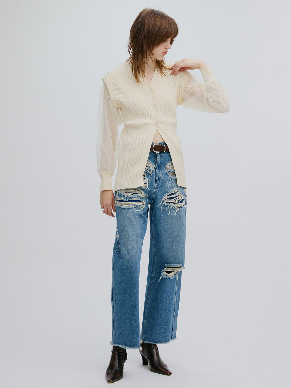 SHEER SLEEVE WAVE KNIT CARDIGAN