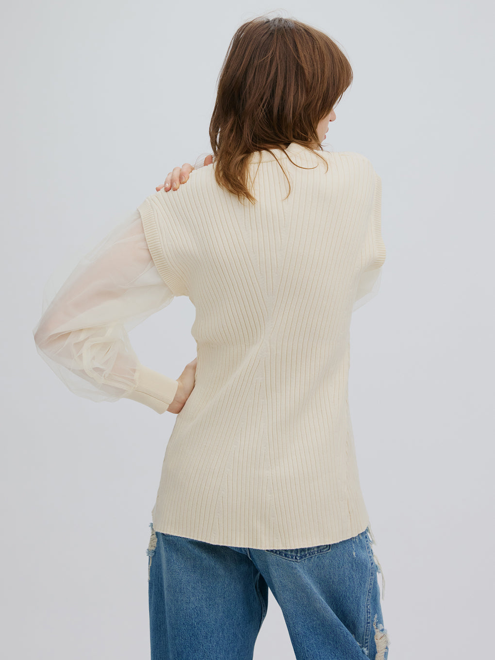 SHEER SLEEVE WAVE KNIT CARDIGAN