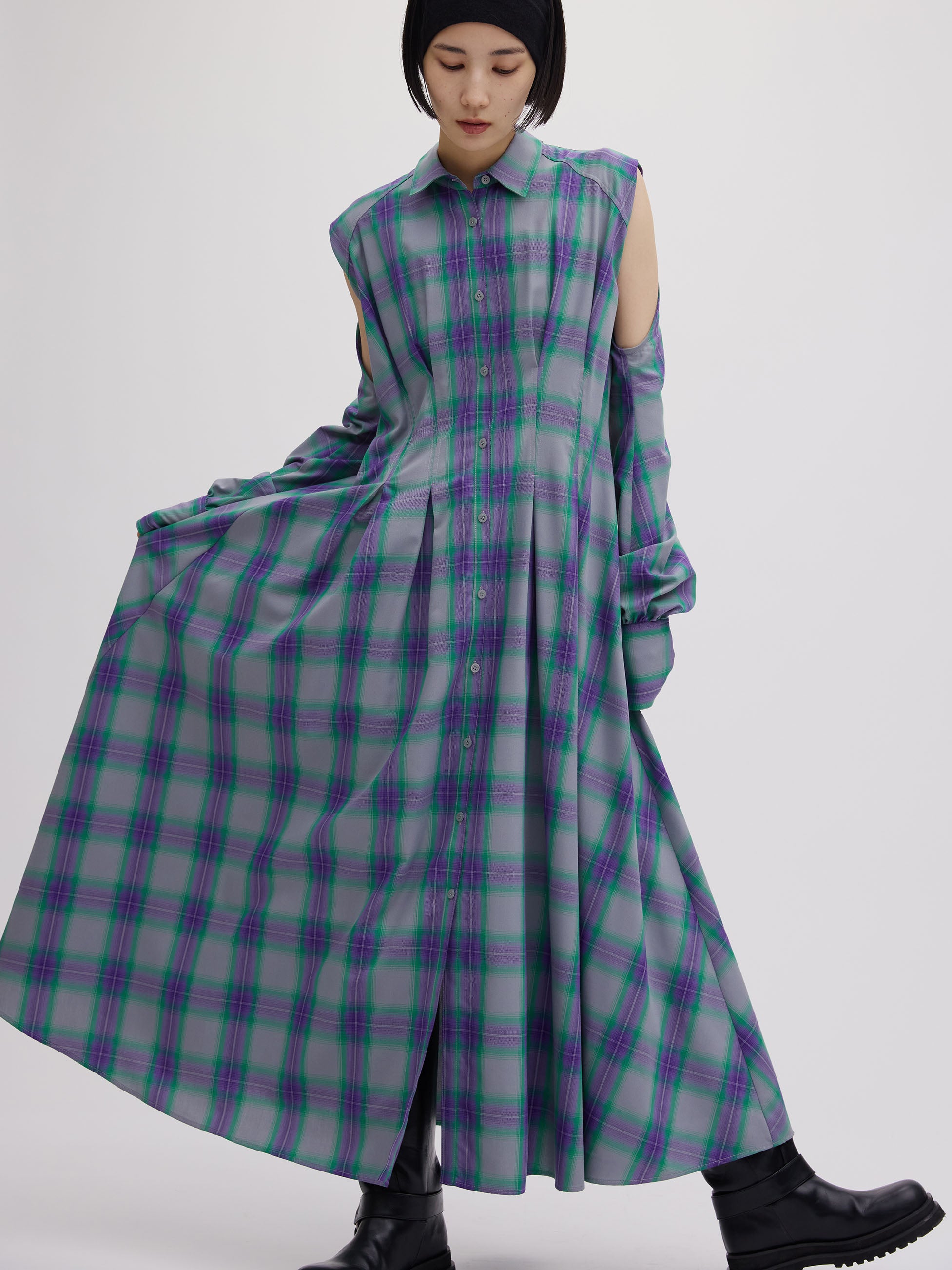 3WAY OMBRE CHECK FLARE DRESS