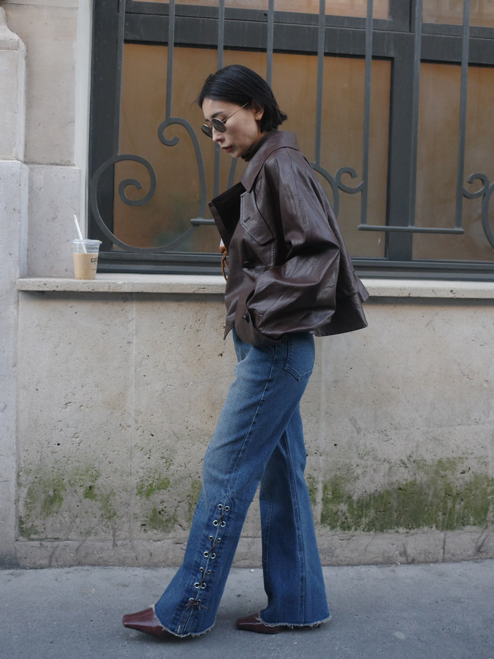 DRAWSTRING YOKE SYNTHETIC LEATHER SHORT COAT