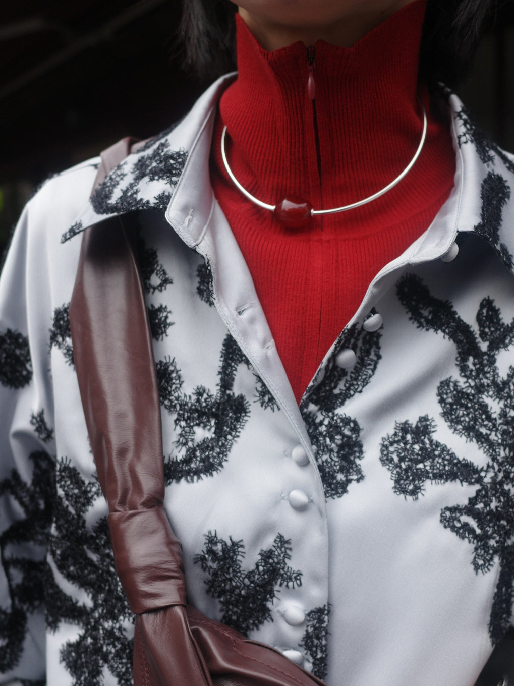 MOLE YARN EMBROIDERY SATIN SHIRT