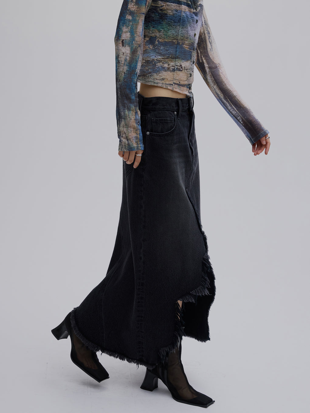 REMAKE LIKE DENIM LACE LAYERED SKIRT