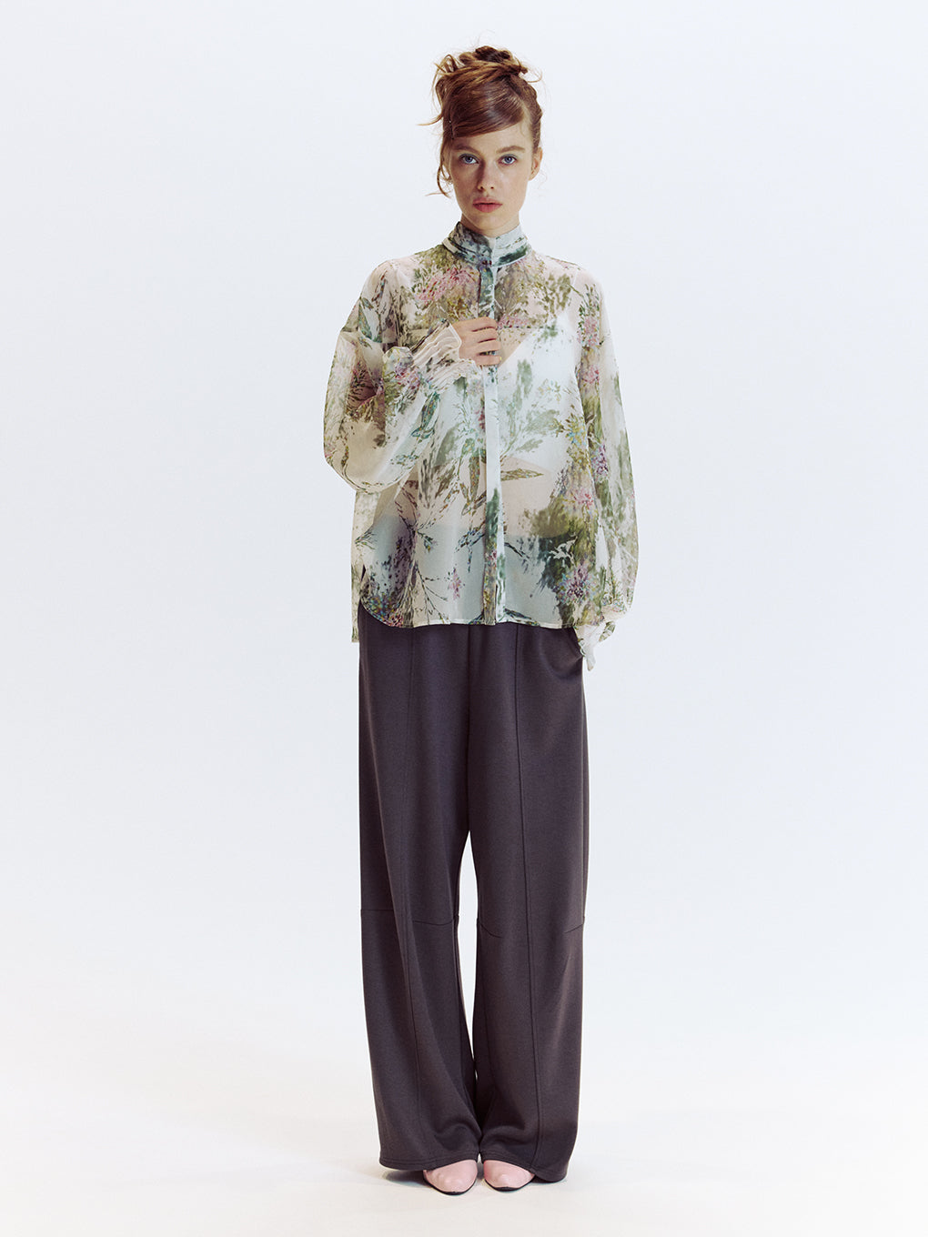 2WAY HOLOGRAM FLOWER SHEER BOW TIE SHIRT