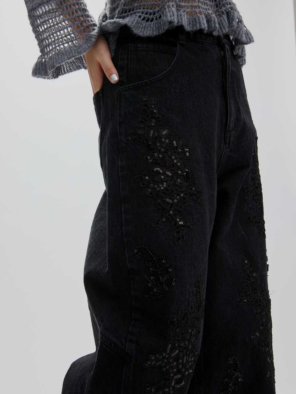 SPANGLE BIJOU EGG DENIM PANTS