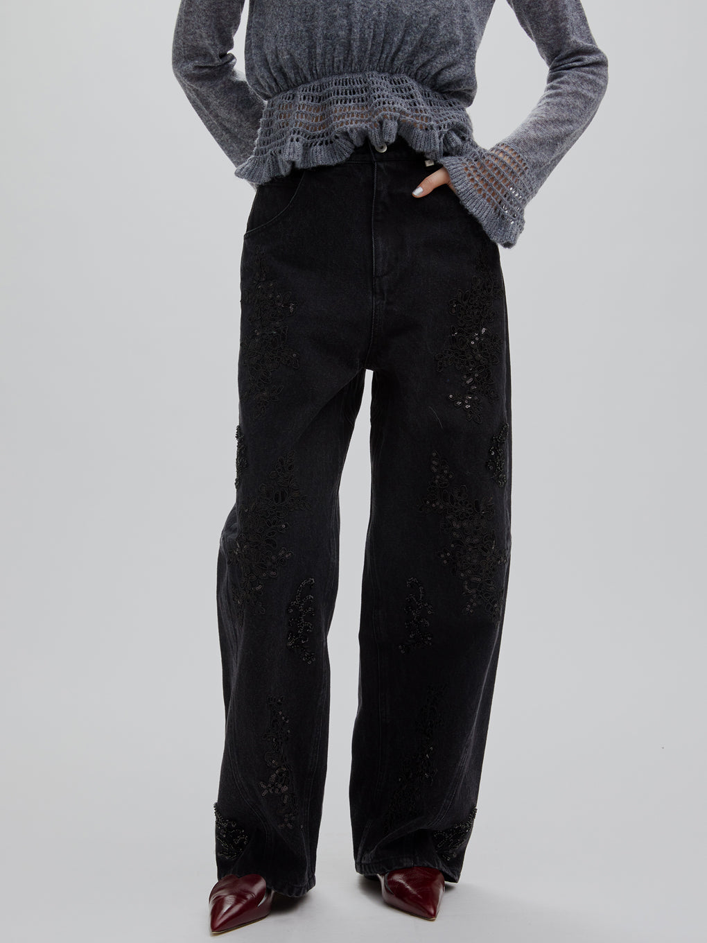 SPANGLE BIJOU EGG DENIM PANTS