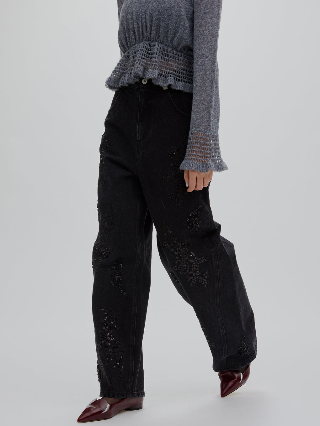 SPANGLE BIJOU EGG DENIM PANTS