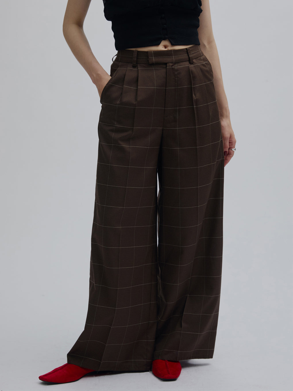 YARN DYED CHECK WIDE STRAIGHT PANTS