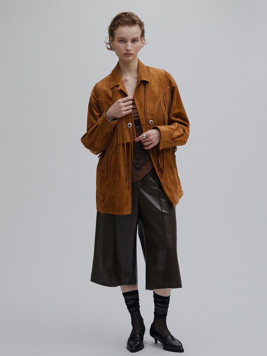 PINTUCK SYNTHETIC SUEDE SHIRT