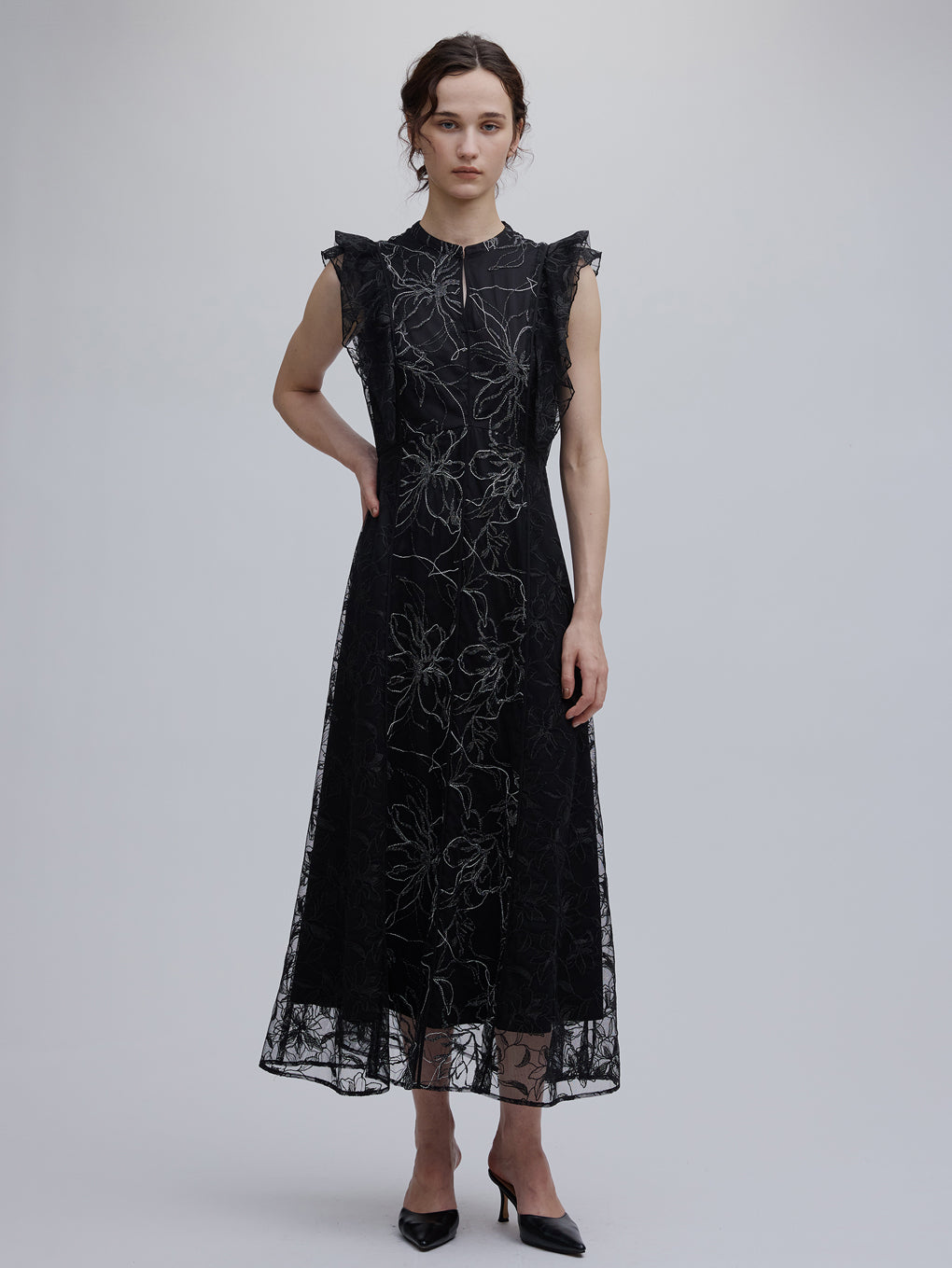 GLITTER LACE DRAPE FRILL DRESS