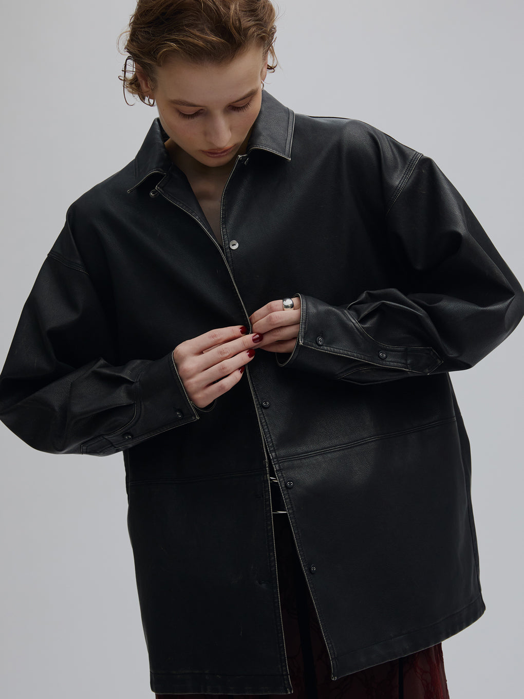 PINTUCK SYNTHETIC LEATHER SHIRT