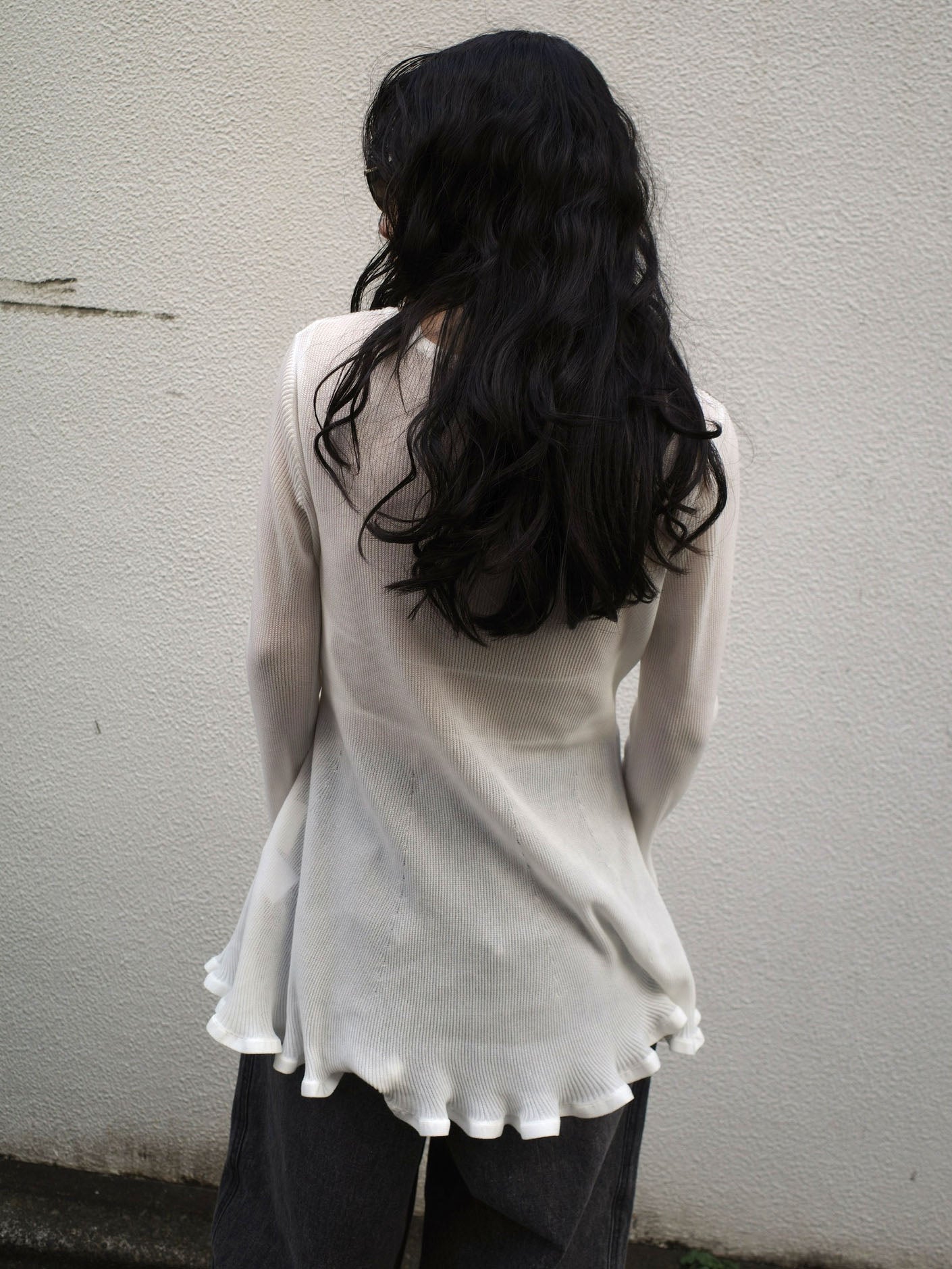 SHEER FRILL V NECK KNIT TOP