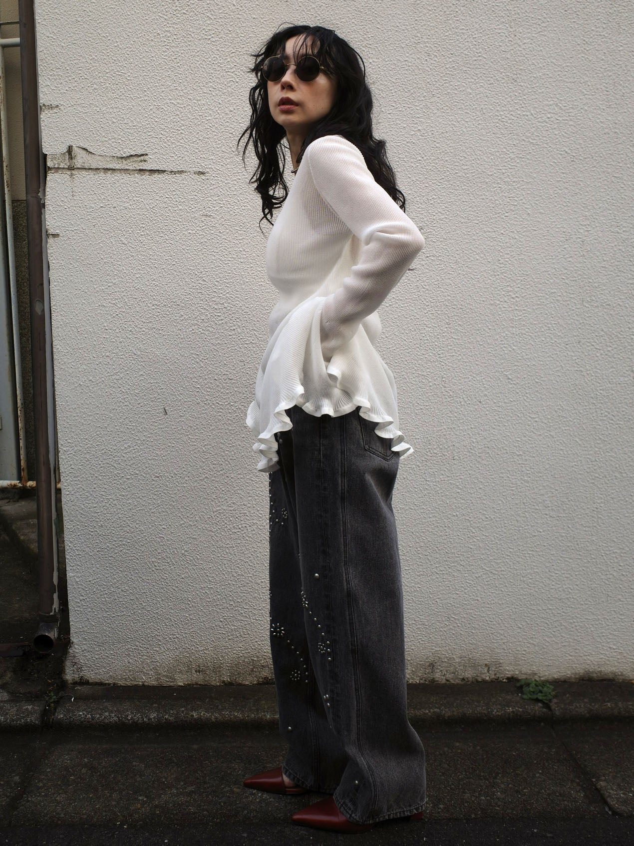 SHEER FRILL V NECK KNIT TOP