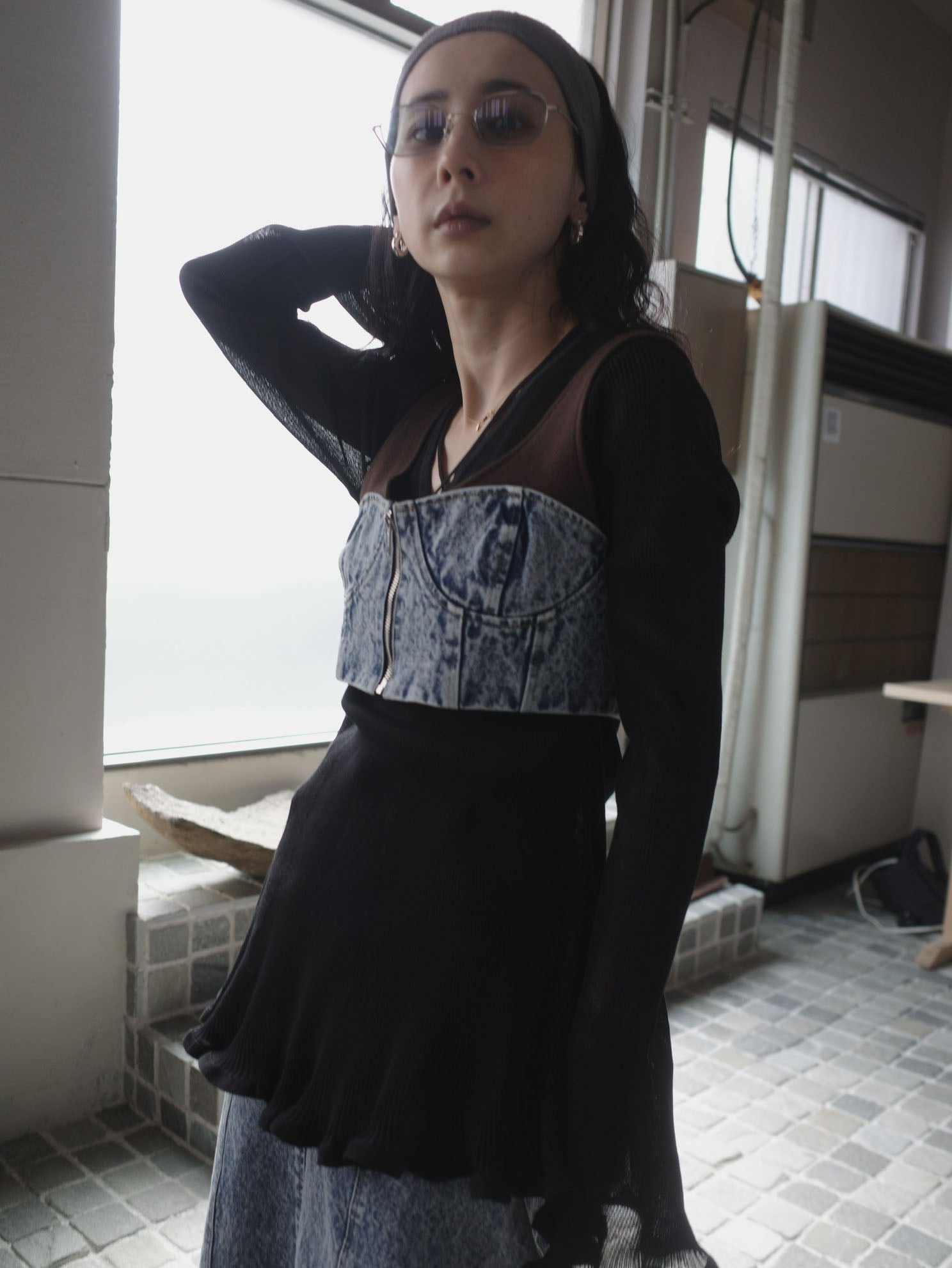 RIB MIX DENIM BUSTIER