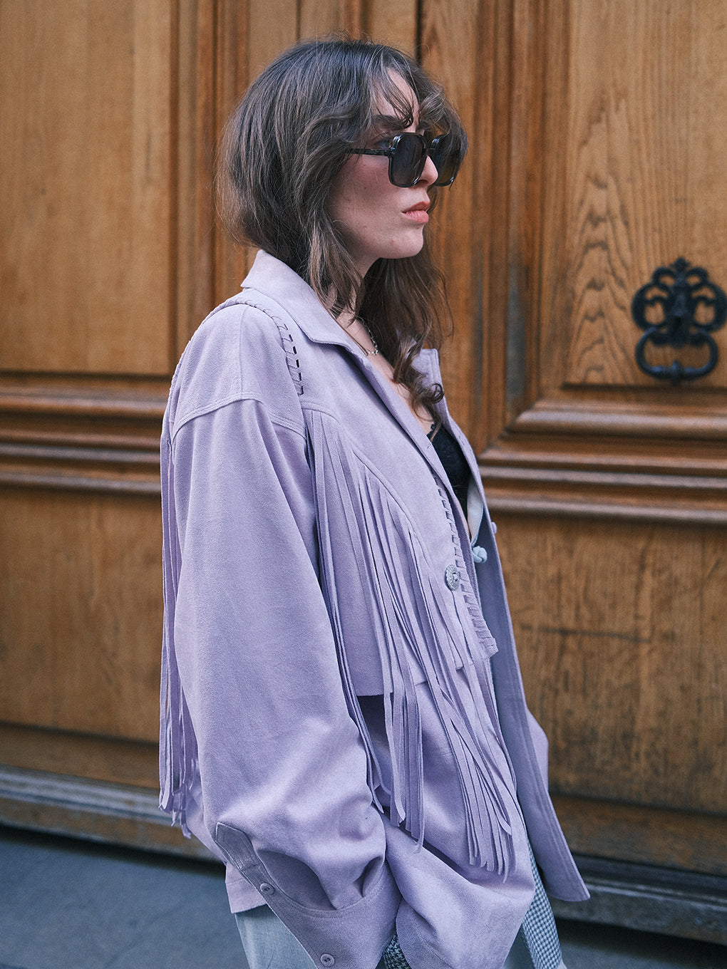 PINTUCK SYNTHETIC SUEDE SHIRT