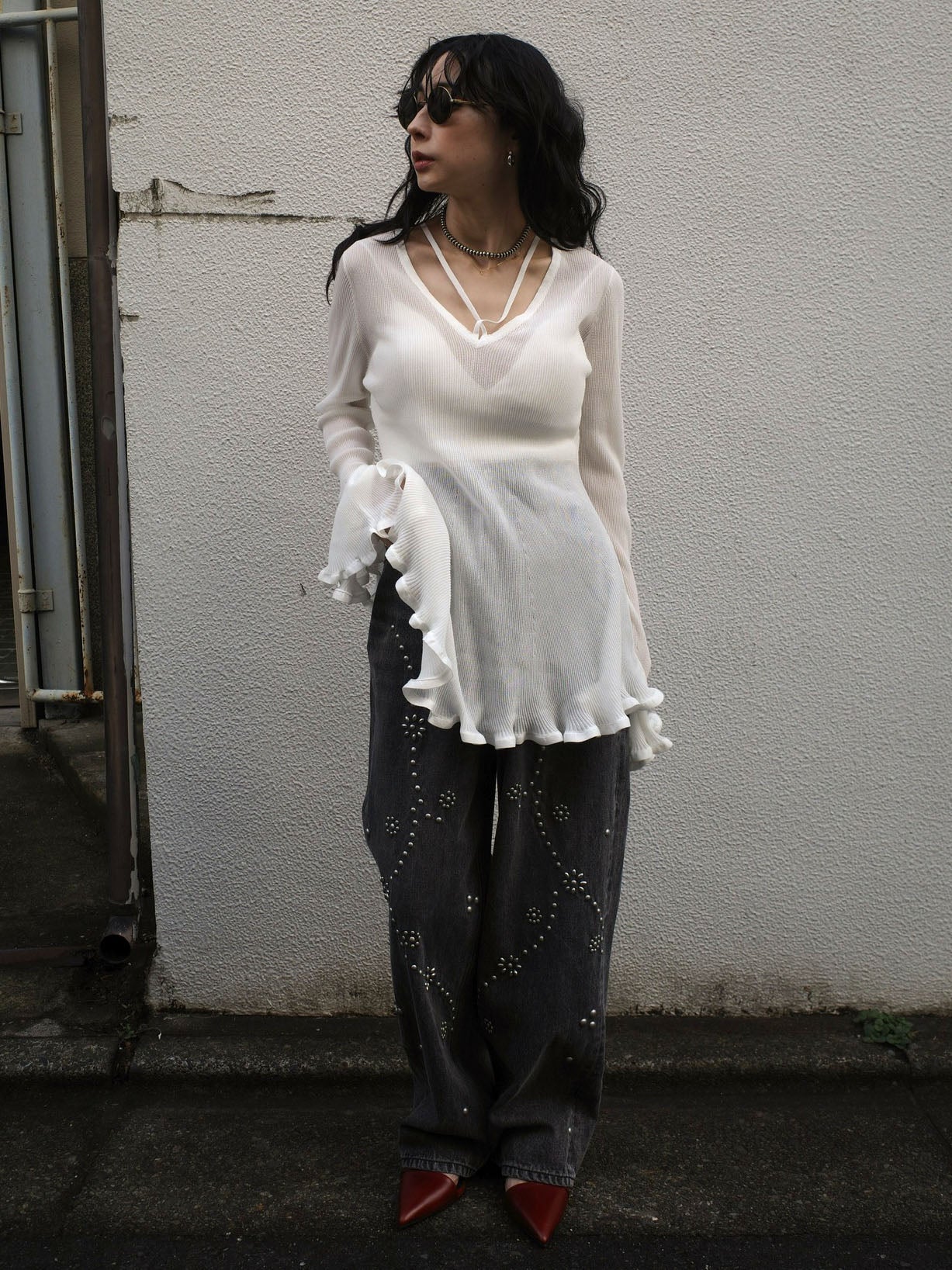 SHEER FRILL V NECK KNIT TOP