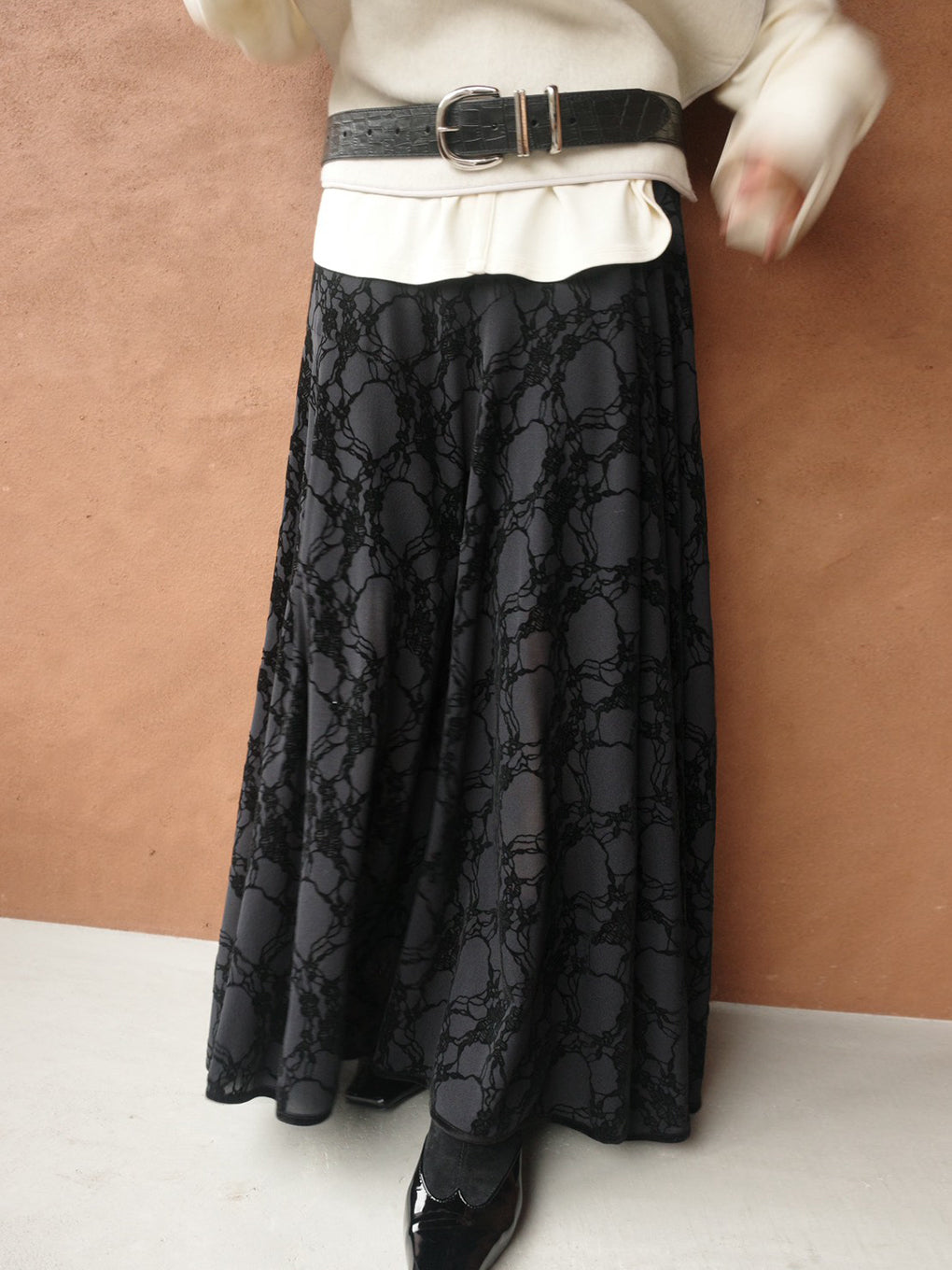 SHEER FLOCKY SEMI FLARE SKIRT