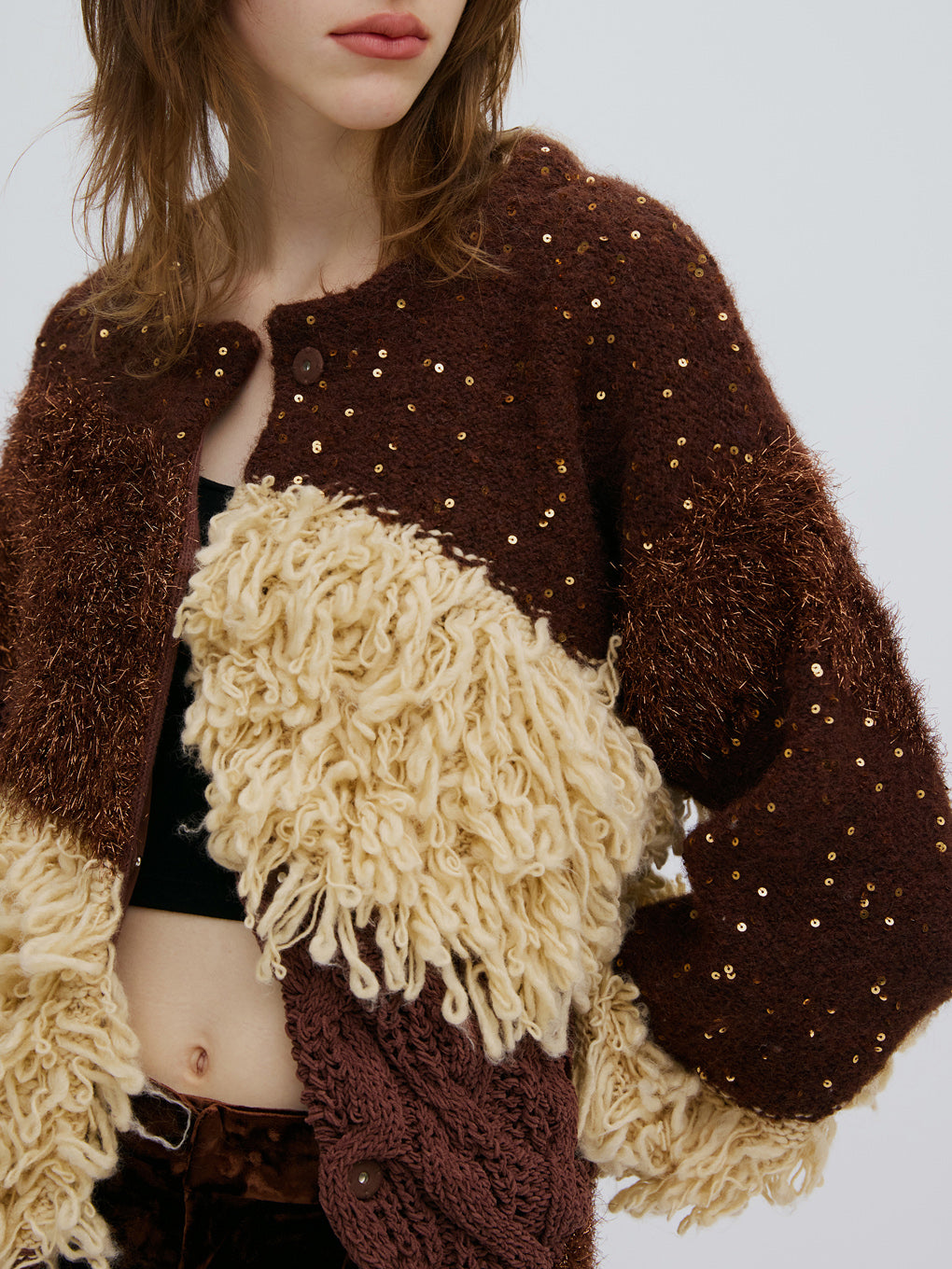 UND MIX YARN PATCHWORK KNIT CARDIGAN