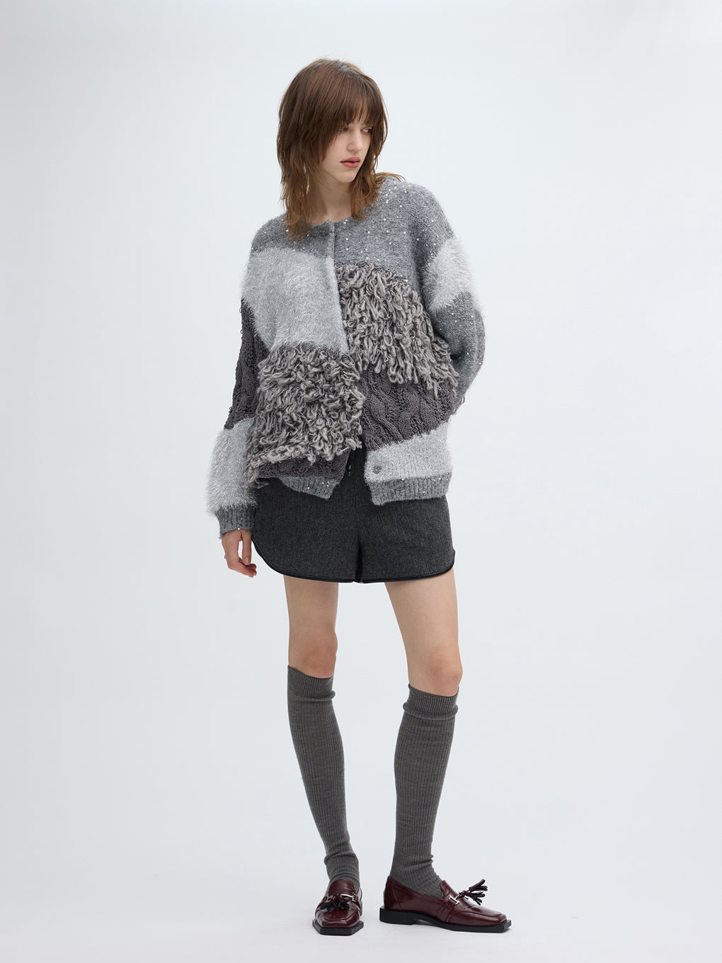 UND MIX YARN PATCHWORK KNIT CARDIGAN