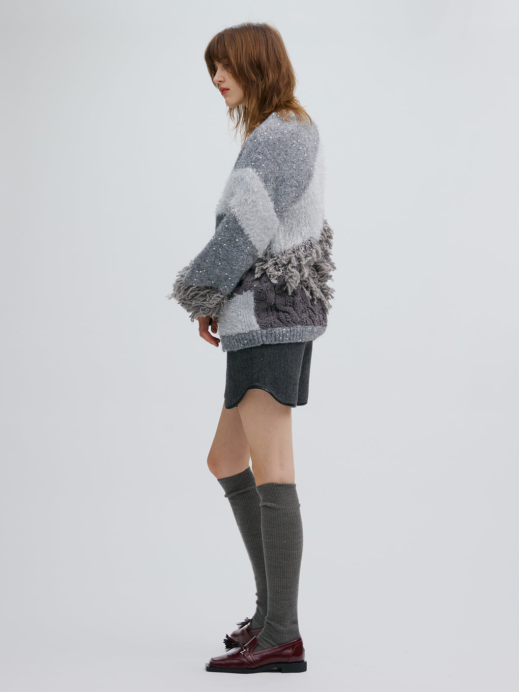 UND MIX YARN PATCHWORK KNIT CARDIGAN